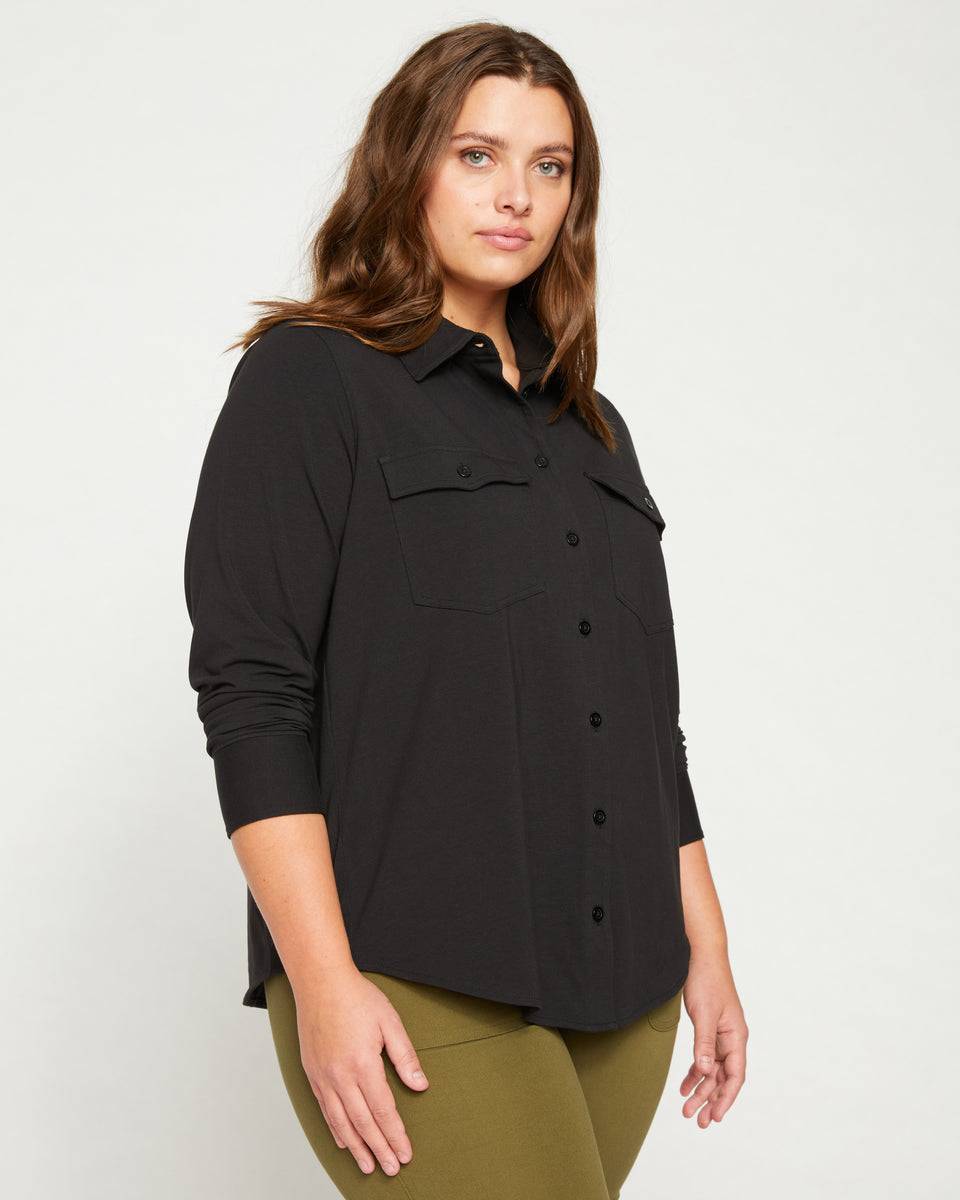 Ava Cotton Jersey Button-Down Shirt - Black Zoom image 2