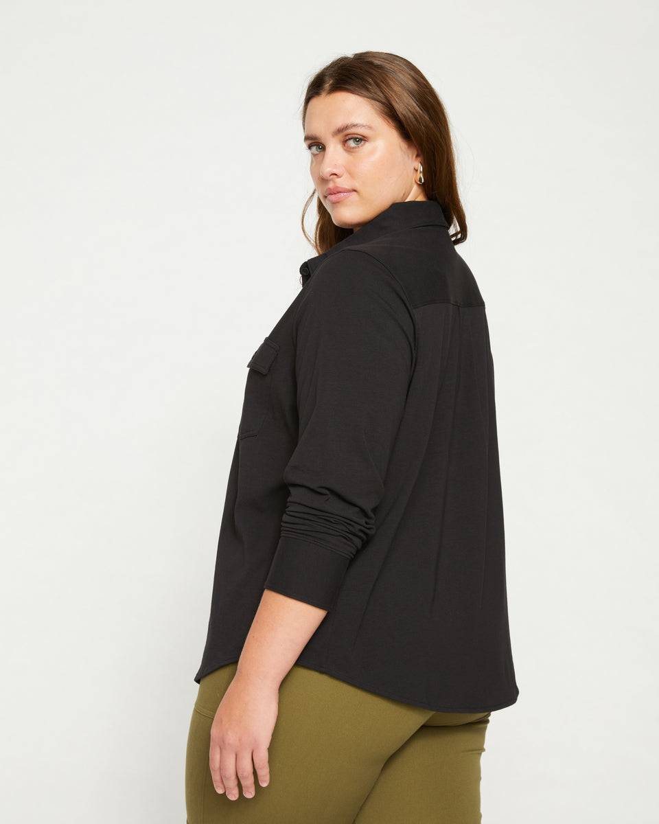 Ava Cotton Jersey Button-Down Shirt - Black Zoom image 3