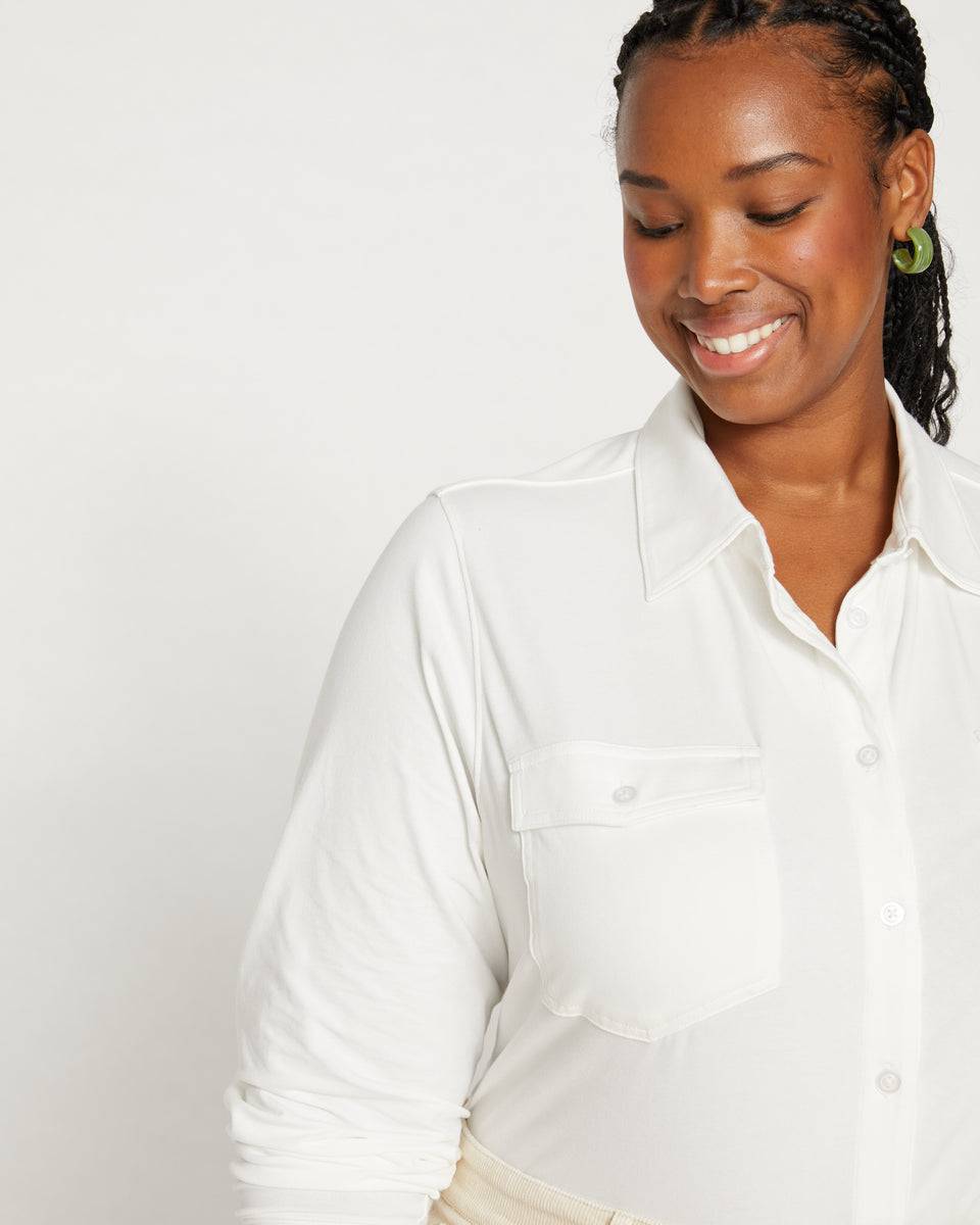 Ava Cotton Jersey Button-Down Shirt - White Zoom image 0