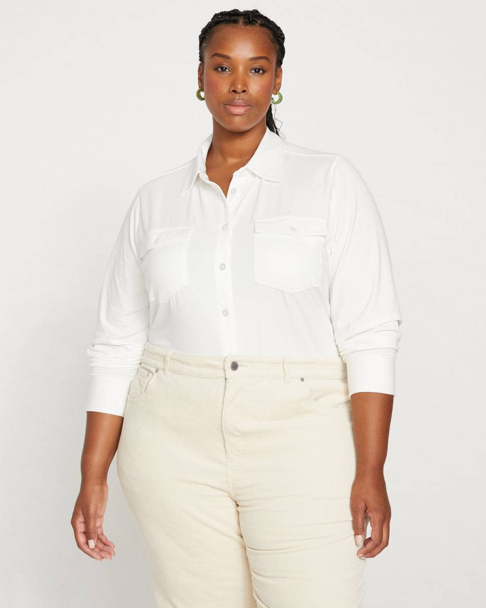 Ava Cotton Jersey Button-Down Shirt - White Zoom image 1