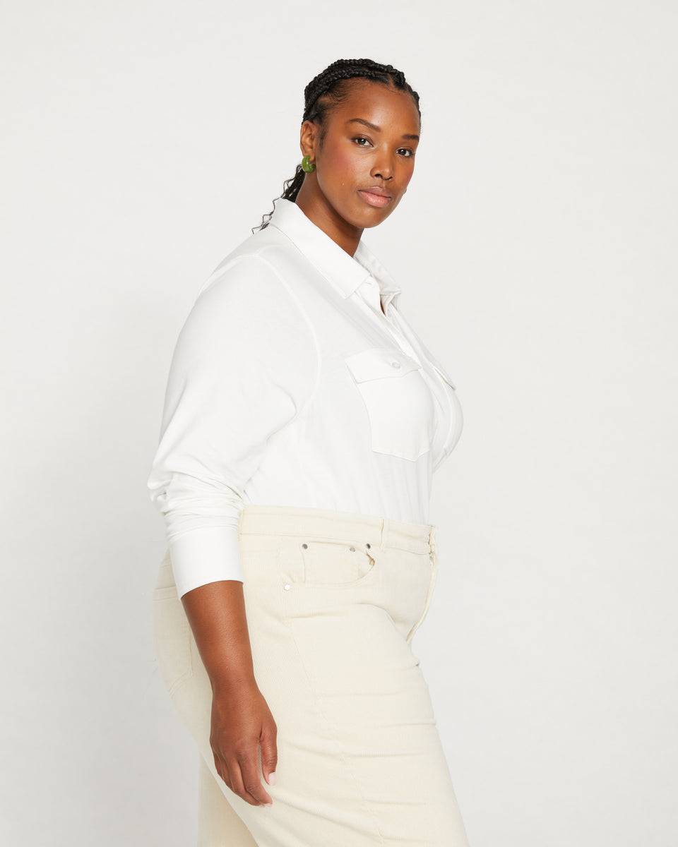 Ava Cotton Jersey Button-Down Shirt - White Zoom image 2