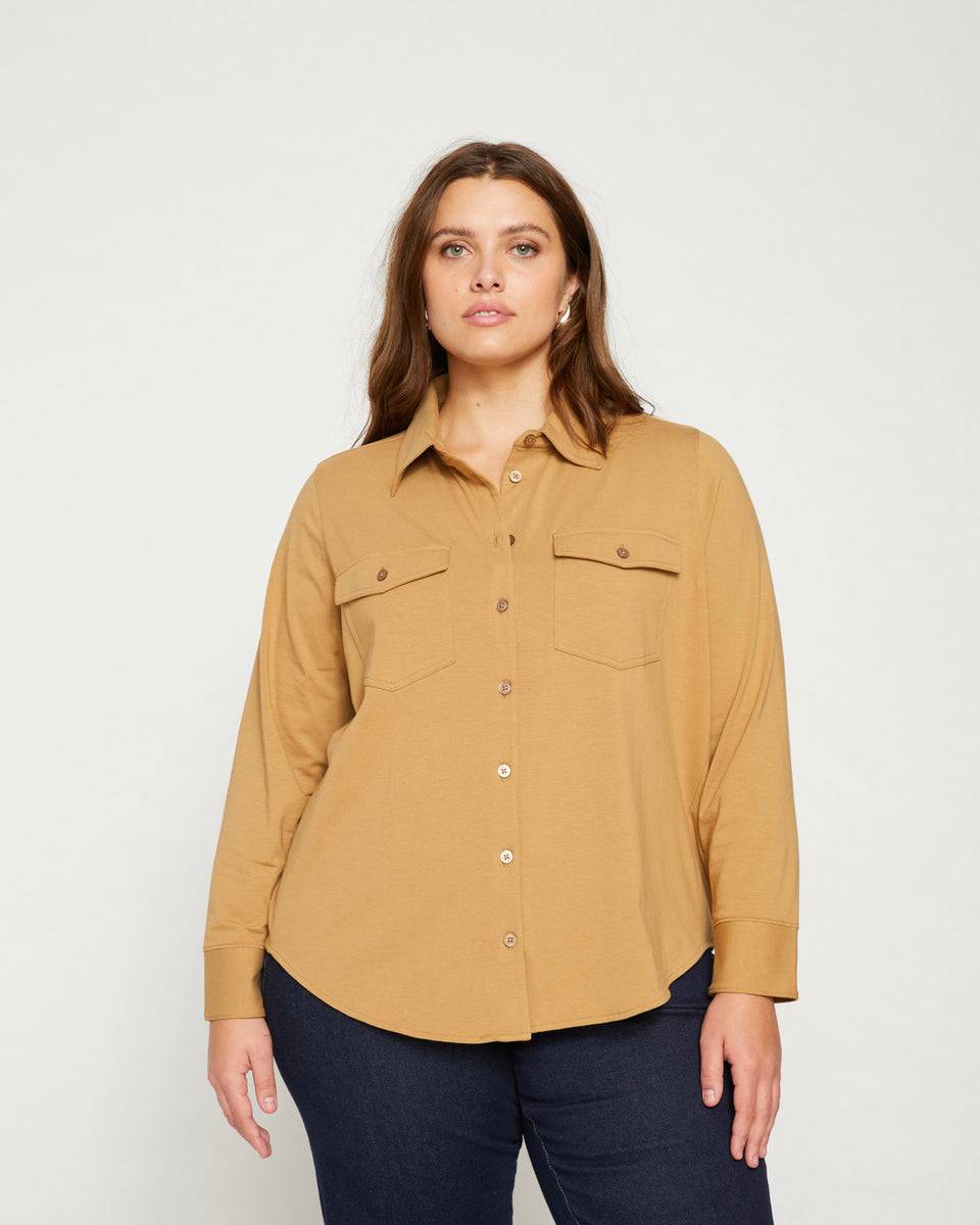 Ava Cotton Jersey Button-Down Shirt - Vintage Khaki Zoom image 0