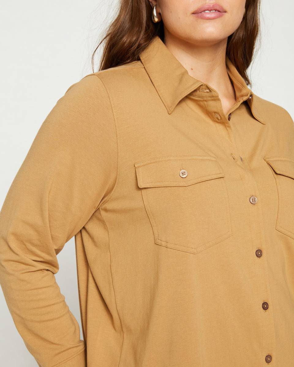 Ava Cotton Jersey Button-Down Shirt - Vintage Khaki Zoom image 1