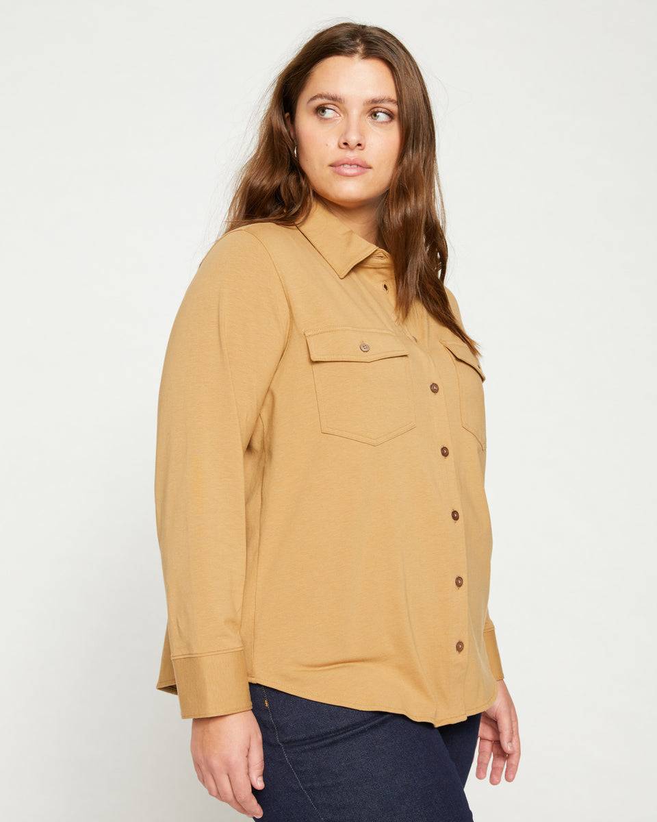 Ava Cotton Jersey Button-Down Shirt - Vintage Khaki Zoom image 2