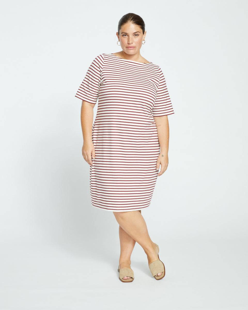 Belle Breton-Stripe Compact Jersey Dress - Ecru/Burgundy Stripe Zoom image 1