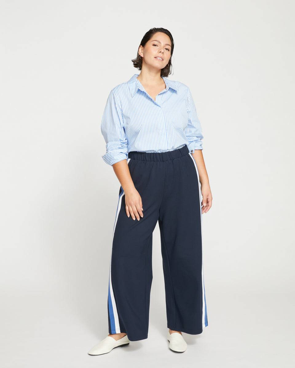 Stephanie Wide Leg Stripe Ponte Pants 27 Inch - Navy with Blue/White Stripe