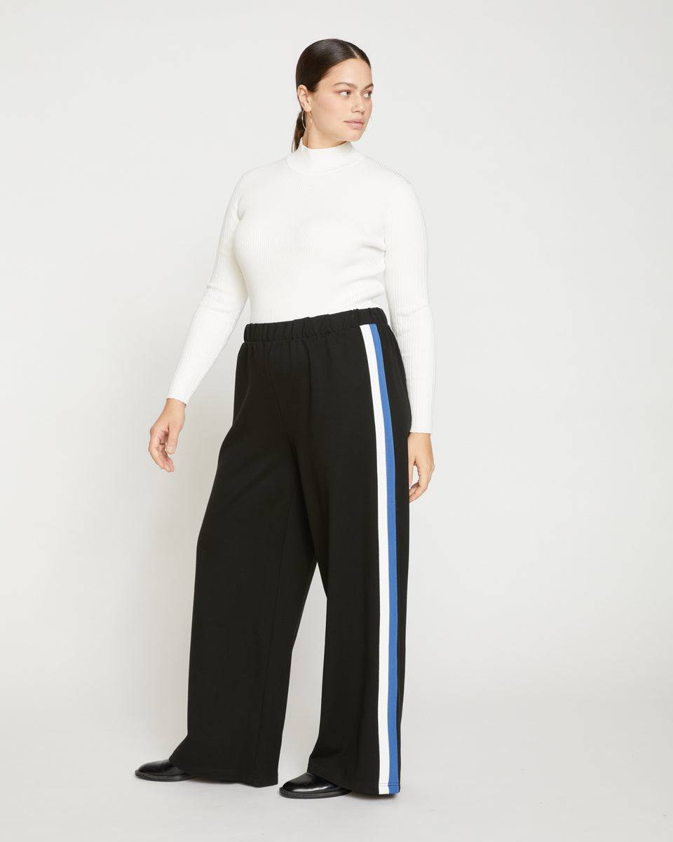 Stephanie Wide Leg Stripe Ponte Pants 33 Inch - Black with Blue/White Stripe Zoom image 2