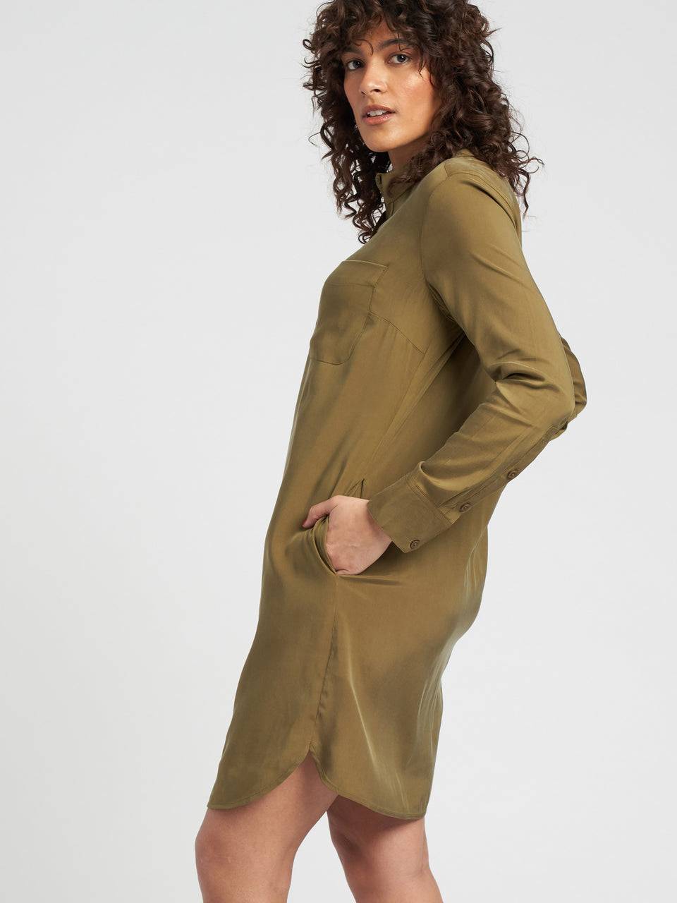 Cupro Rubicon Shirt Dress - Olive Zoom image 1