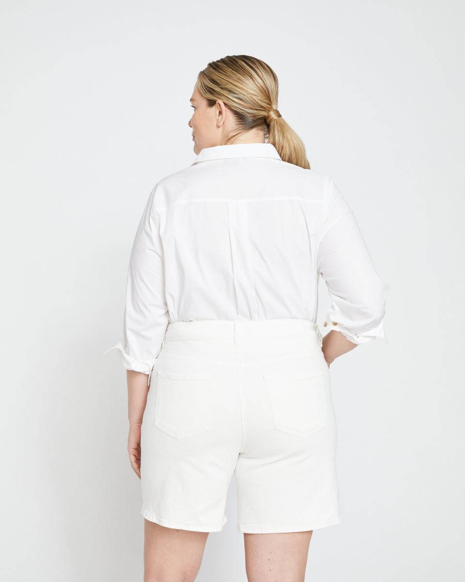 Katie High Rise Crossover Denim Shorts - White Zoom image 9