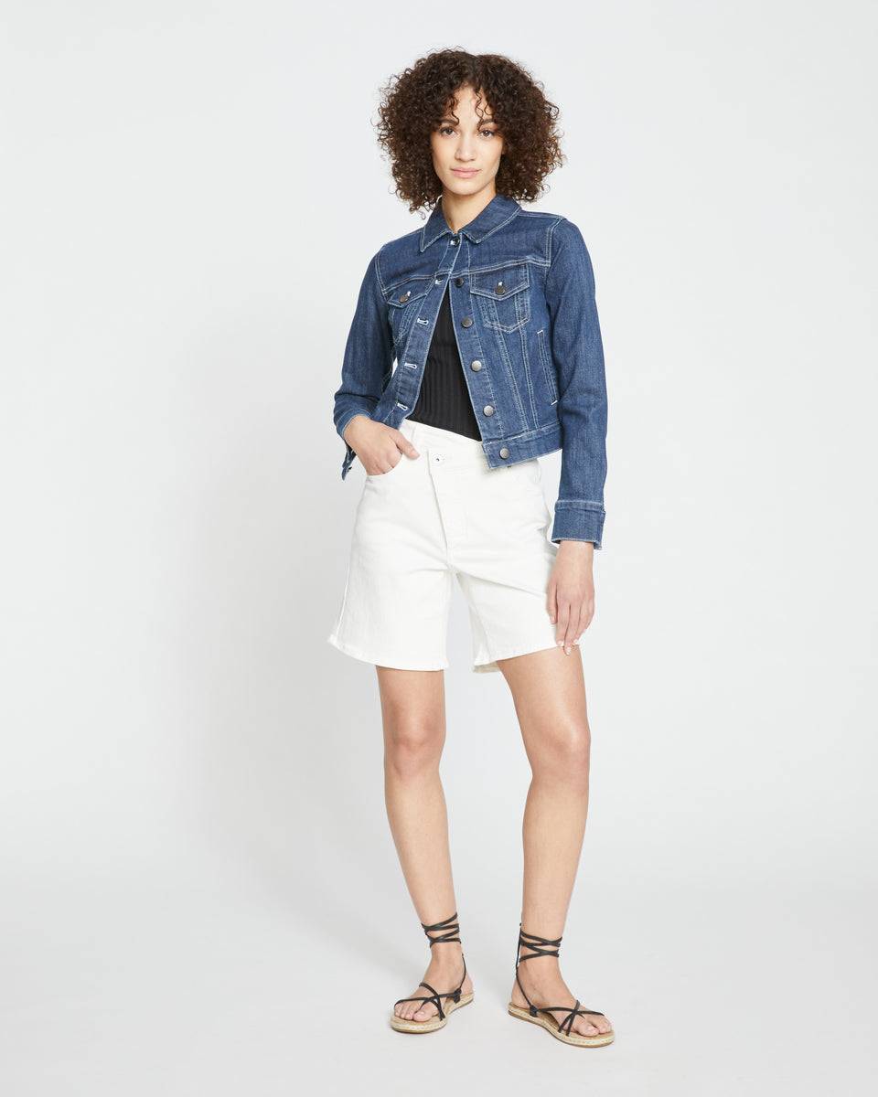Katie High Rise Crossover Denim Shorts - White Zoom image 2