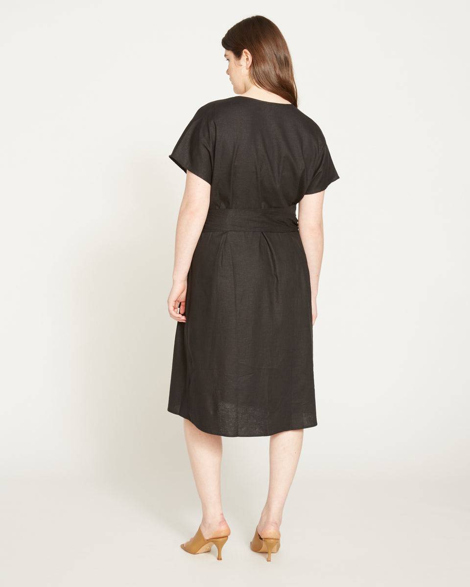 Tulip Hem Linen Wrap Dress - Black Zoom image 3