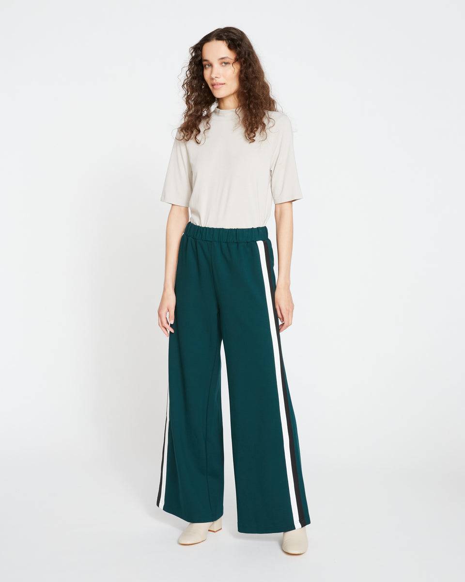 Stephanie Wide Leg Stripe Ponte Pants 30 Inch - Forest Green with Black/White Stripe Zoom image 0