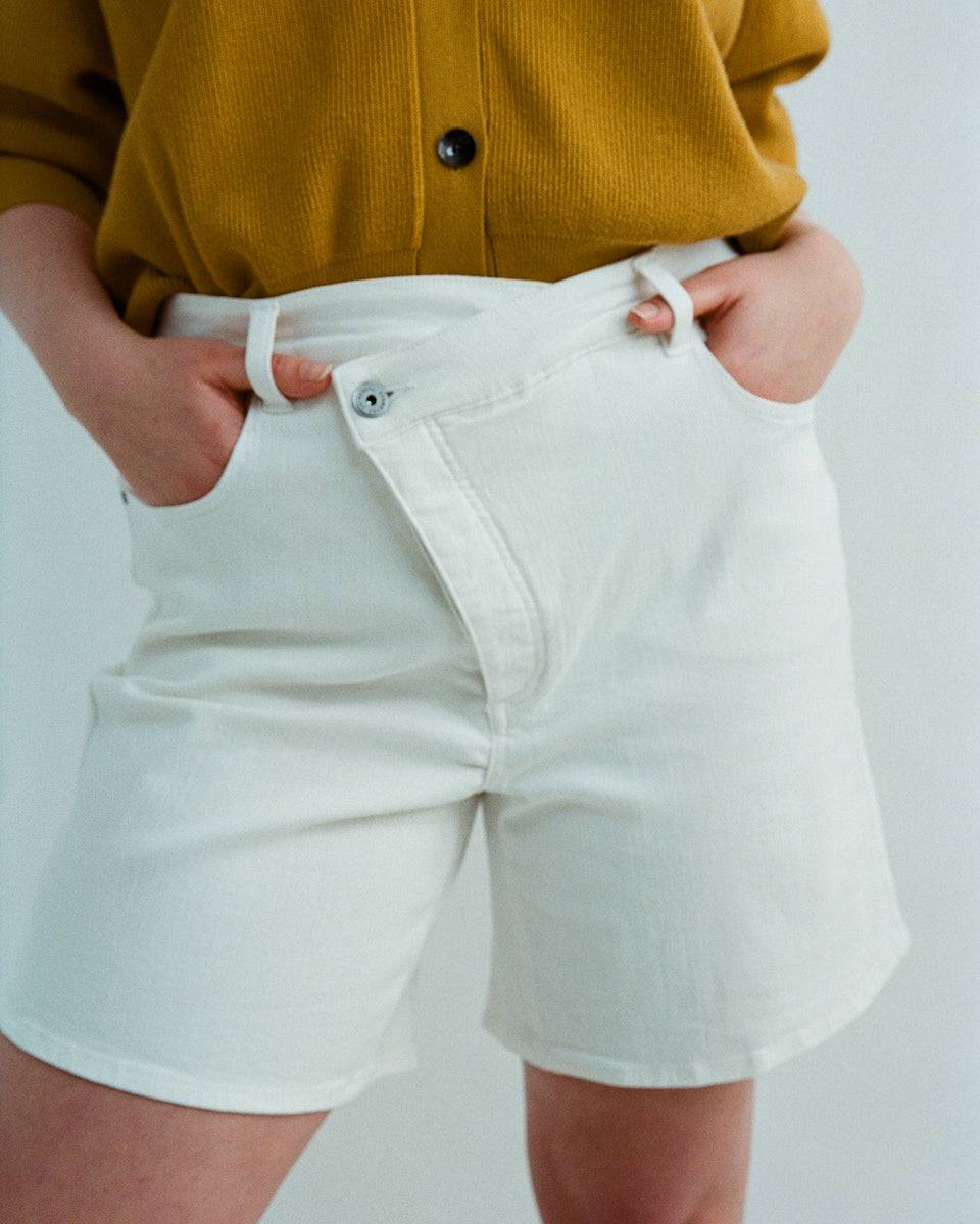 Katie High Rise Crossover Denim Shorts - White Zoom image 0