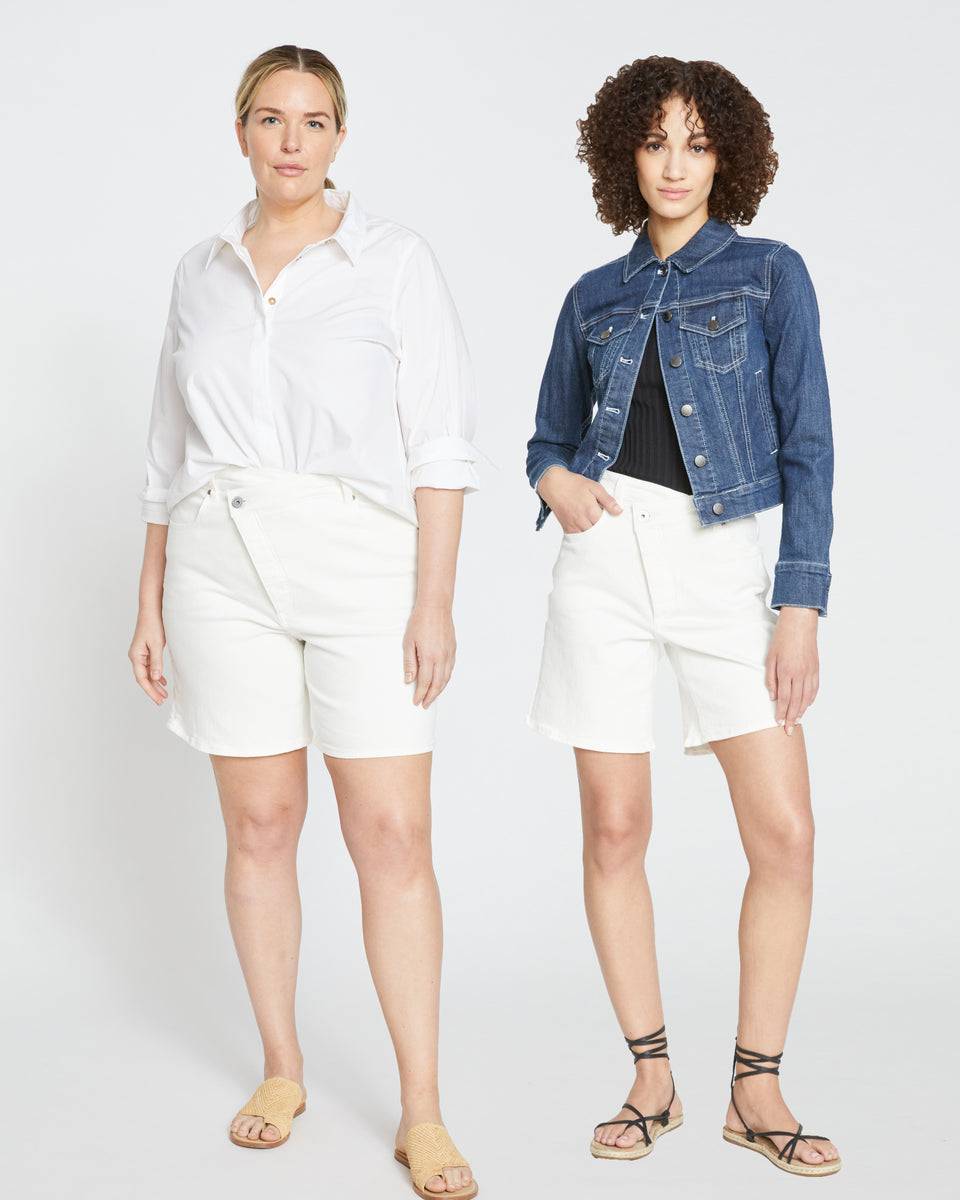 Katie High Rise Crossover Denim Shorts - White Zoom image 5