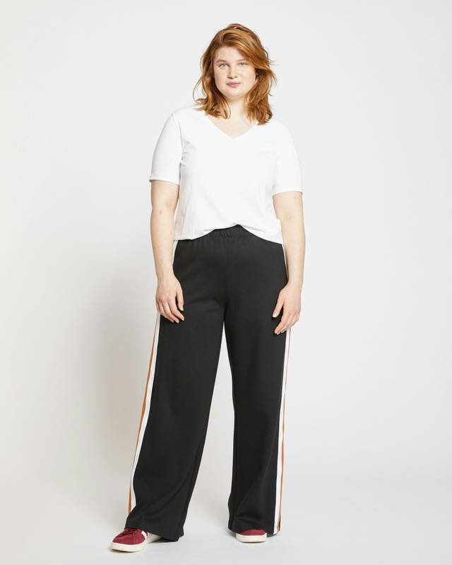 Stephanie Wide Leg Stripe Ponte Pants 30 Inch - Black with Ochre/White ...